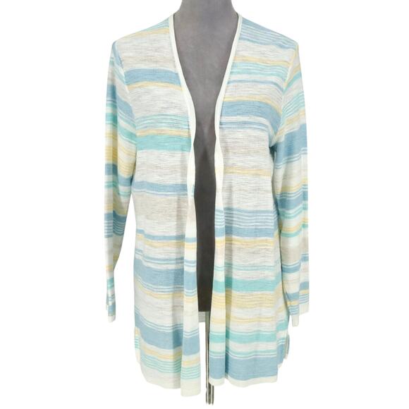 J Jill Sweater Petites MP PM White Blue Stripe Cardigan Cotton Open Front New - Picture 1 of 16